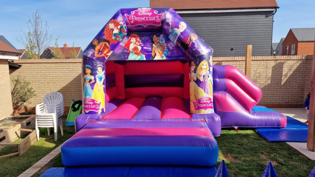 a pink disney themed bouncy castle with slide